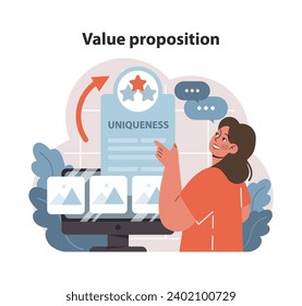 Market penetration concept. Enthusiastic woman highlights the value proposition on a digital display. Showcasing product uniqueness for competitive edge. Attracting target audience. Flat vector