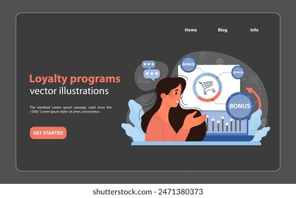 Market penetration concept. Enthusiastic woman engaging with loyalty programs on her smartphone. Earning bonuses. Strengthening customer retention. Boosting sales. Flat vector illustration.