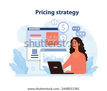 Market penetration concept. Expert devises pricing strategy on laptop amidst finance icons. Optimizing product cost. Digital analysis. Flat vector illustration.