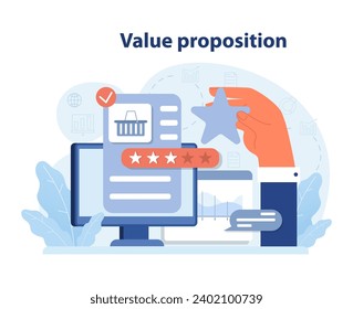 Market penetration concept. Hand highlighting a star as a symbol of top value proposition on a digital screen. Enhancing product appeal. Prioritizing customer satisfaction. Flat vector illustration.