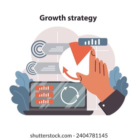 Market penetration concept. A professional adjusts growth strategy pie chart. Streamlining approach for optimized market entry. Tactical decision-making. Flat vector illustration.