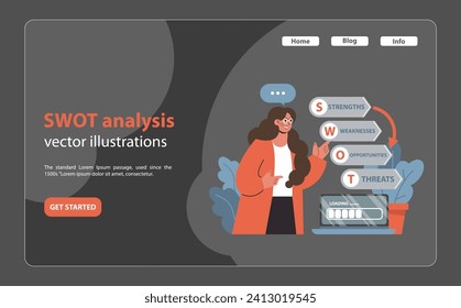 Market penetration concept. A professional woman deciphers business potential using SWOT analysis. Balancing strengths, weaknesses, opportunities, threats. Comprehensive review. vector illustration.