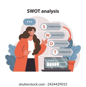 Market penetration concept. A professional woman deciphers business potential using SWOT analysis. Balancing strengths, weaknesses, opportunities, threats. Comprehensive review. vector illustration.