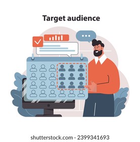 Market penetration concept. A savvy marketer identifies target audience on a dynamic dashboard. Harnessing data to reach the right clientele. Audience segmentation. Flat vector illustration.