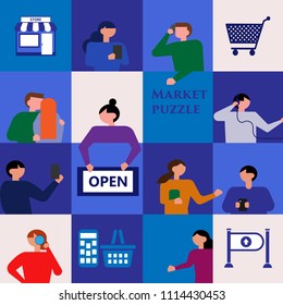 Market  people in a blue puzzle collage.