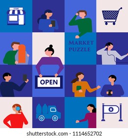 Market  people in a blue puzzle collage.