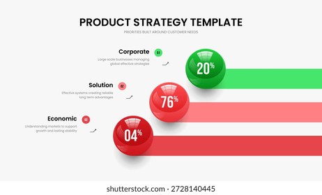 Rendimiento del mercado 3 Diagrama de elemento Diseño del marco. Producto Briefing Plantilla de diapositivas de infografía de tres opciones. Ilustración vectorial de diseño de presentación de diapositivas de previsión financiera.