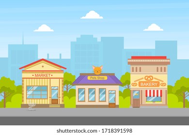 Market, Pets Shop, Bakery Buildings Facades, View of City Street, Urban Summer Landscape Vector Illustration