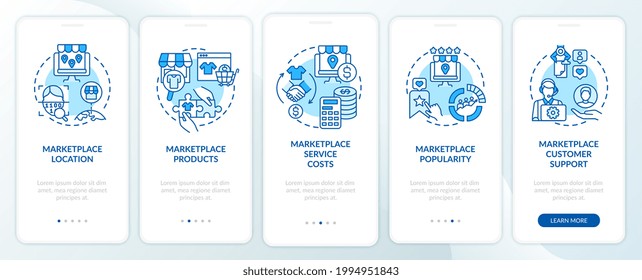 Market place choice parameters onboarding mobile app page screen. Place, goods walkthrough 5 steps graphic instructions with concepts. UI, UX, GUI vector template with linear color illustrations