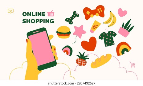 Market place design template. Online shopping. Hand with a phone and various shopping objects. Vector illustration.