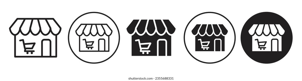 Market place icon. Online e commerce shop or store symbol. Vector set of storefront supermarket in city to buy a product through internet. Fla outline of grocery retail building. Logo of business sale