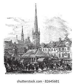 Market Place of Lubeck, Germany, during the 1890s, vintage engraving. Old engraved illustration of Market Place of Lubeck with people and shops. Trousset encyclopedia (1886 - 1891).