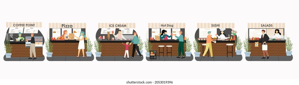 Market place mall food stall, kiosk set, vector isolated illustration. People buying coffee, fast food, ice cream, pizza