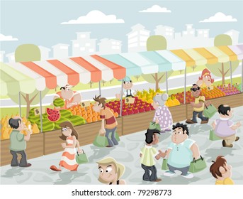 Market place on a street with food and vegetables stands. Market stall.