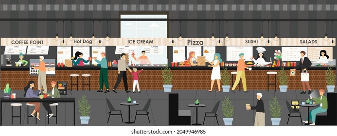 Market place shopping mall food court restaurants. People buying coffee, fast food, ice cream, vector illustration.