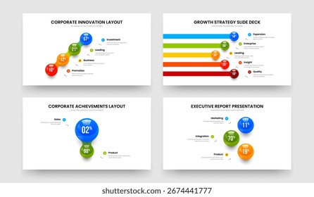 Marktplan 4 5 2 3 Optionsdiagramm Foliendesign-Paket. Advertising Solution Four Five Two Three Element Graph Frame Template Vector Illustration Collection.