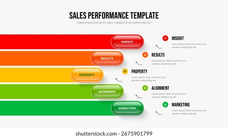 Modelo de Apresentação de Slides do Diagrama de Opções do Plano de Mercado Cinco. Ilustração do vetor de design do quadro de lançamento de vendas. 5 Elemento Infográfico Slide Layout.