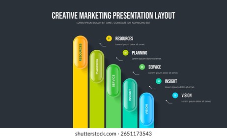 Market Plan Frame Layout Vector Illustration. Creative Growth 5 Element Diagram Slide Template. Modern Visualization Five Option Infographic Presentation Design.