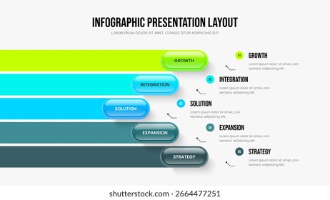 Ilustración vectorial de diseño de diapositivas de Plan de mercado. Perfil Corporativa Diseño de presentación de diagrama de cinco opciones. Plantilla de presentación de diapositivas de infografía de 5 pasos de Digital Review.
