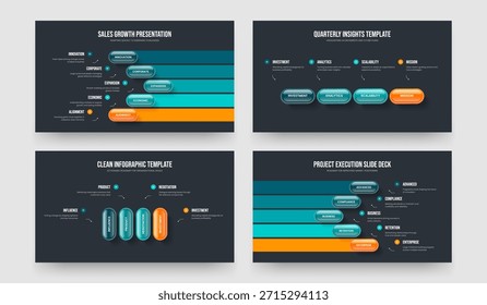 Planificación de mercado 5 4 elementos de diseño de diapositivas de infografía. Informe de proyecto Cinco Diagrama de cuatro pasos Diagrama Presentación de diapositivas Ilustración vectorial Paquete.