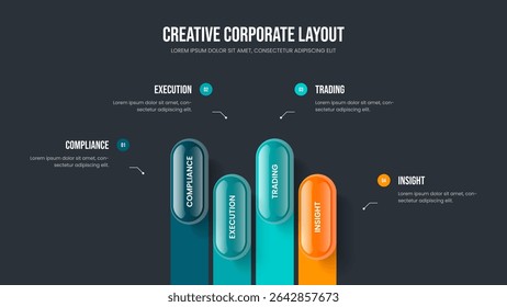 Market Planning Slide Design Vector Illustration. Visual Profile 4 Option Infographic Presentation Template. Company Portfolio Four Step Diagram Slideshow Layout.
