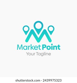 Market point Logo Design Template: Merging Letter M with Pin Point Map Symbol. This modern alphabet-inspired logotype is perfect for Technology, Business, Organizations, Personal Branding, and more.