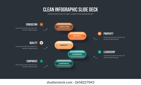 Market Portfolio Slide Layout Vector Illustration. Project Briefing Five Step Diagram Presentation Template. Investor Showcase 5 Element Infographic Slideshow Design.