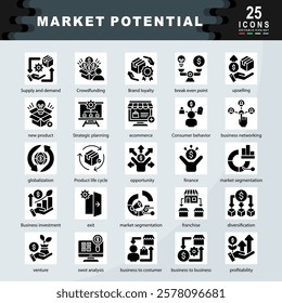Market Potential icon set containing Supply and demand, Crowdfunding, upselling, new product, Strategic planning, ecommerce, Consumer behavior, business networking icon. Simple glyph vector