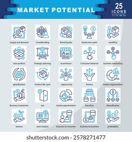 Market Potential icon set containing Supply and demand, Crowdfunding, upselling, new product, Strategic planning, ecommerce, Consumer behavior, business networking icon. Simple vector illustration