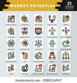 Market Potential icon set containing Supply and demand, Crowdfunding, upselling, new product, Strategic planning, ecommerce, Consumer behavior, business networking icon. Simple flat line vector