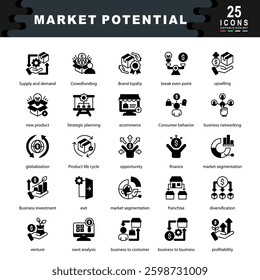Market Potential icon set containing Supply and demand, Crowdfunding, upselling, new product, Strategic planning, ecommerce, Consumer behavior, business networking icon. Simple black vector