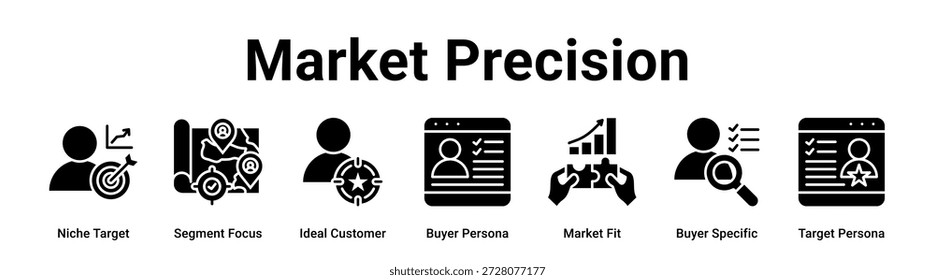 Market Precision Web-Banner-Symbol Vektorgrafik-Konzept für Unternehmen mit Symbol der Nische Ziel, Segment Focus, Idealer Kunde, Käufer Persona, Market Fit, Käufer Spezifisch.