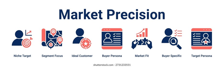 Market Precision web banner icon vector illustration concept for business with icon of Niche Target, Segment Focus, Ideal Customer, Buyer Persona, Market Fit, Buyer Specific.