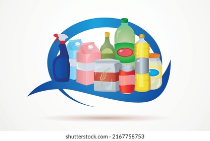 market product logo. blue frame with milk, olive oil, soda, flour, cleaning product, mayonnaise