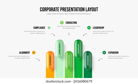 Market Profile Slideshow Template Vector Illustration. Project Portfolio Five Element Diagram Presentation Layout. Corporate Growth 5 Option Infographic Slide Design.