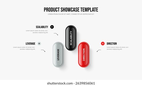 Market Profile Three Option Diagram Slide Layout. Product Plan 3 Element Infographic Slideshow Template. Investor Solution Frame Design Vector Illustration.