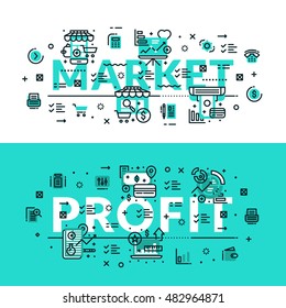Market and Profit heading, title, web banner. Horizontal colored in white and turquoise flat vector illustration.?