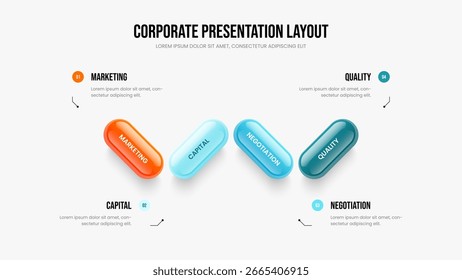 Market Proposal Slideshow Layout Vector Illustration. Marketing Forecast 4 Option Diagram Frame Design. Digital Innovation Four Step Infographic Presentation Template.