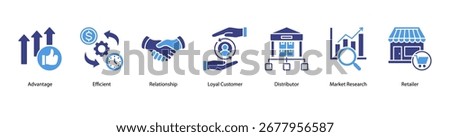 Market Relationship and Distribution web banner featuring Advantage, Efficient, Relationship, Loyal Customer, Distributor, Market Research, and Retailer.