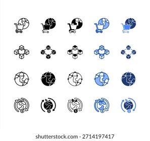 Market, Renewable, Globalization, Inflation multiple style icon set.