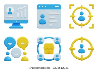 Marktforschung 3D Vektorsymbol-Set. Kundenverhalten, Markt, Bericht, Statistik, Zielgruppe, Zielgruppe. Einzeln auf weißem Hintergrund. 3D-Symbol, Vektorgrafik.