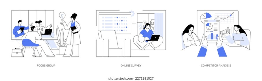 Market research abstract concept vector illustration set. Focus group, online survey, competitor analysis, online questionnaire, swot analysis, business strategy, launching product abstract metaphor.