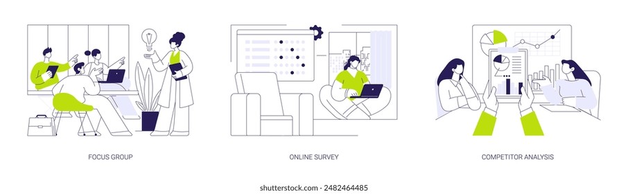 Market research abstract concept vector illustration set. Focus group, online survey, competitor analysis, online questionnaire, swot analysis, business strategy, launching product abstract metaphor.