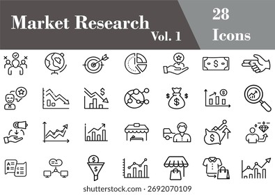 Market Research Analysis Data Insight Statistics Estratégia Marketing Survey Report Outline Icon Set Vol. 1 (Perguntas frequentes: estratégia de análise de mercado: relatório de pesquisa de marketing descreve o conjunto de ícones, vol. 1)