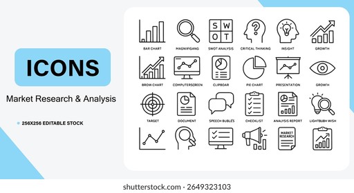 Market research and analysis icons for business growth and strategy