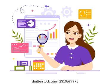 Ilustración de vectores de análisis e investigación de mercado con administración de equipo y análisis para hacer estadísticas de datos en plantillas de dibujo manual de dibujos planos