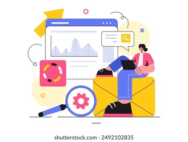Marktforschung und -analyse Vektorillustration mit Team-Management und Analytics zur Erstellung von Datenstatistiken in einem flachen Stil Cartoon Hintergrund