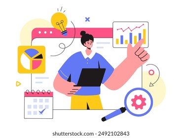 Ilustración vectorial de investigación y análisis de mercado con gestión de Equipos y análisis para la creación de estadísticas de datos en un fondo plano de dibujos animados