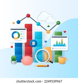 Cartel de investigación de mercado. Informe del gráfico de finanzas y concepto de planificación de la inversión empresarial. Ilustración de vector web en estilo 3D