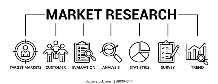Market research banner icon with target markets, customer, evaluation, analysis, statistics, survey, trend